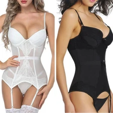 Women Sexy Lace Bustier See-through Lingerie Corset Girdle 4 Straps Garter Belt
