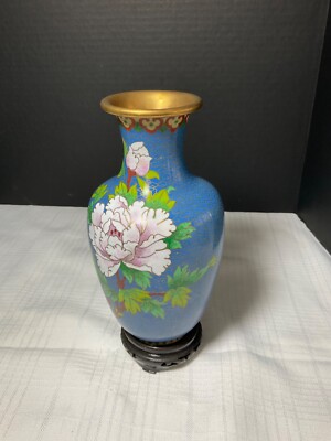 Vintage 8” Chinese Cloisonne Vase Blue Floral Bird Brass Enamel