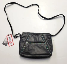 $99 ILI NEW YORK Genuine Leather Crossbody Bag RFID BLOCK Black Rainbow Zipper