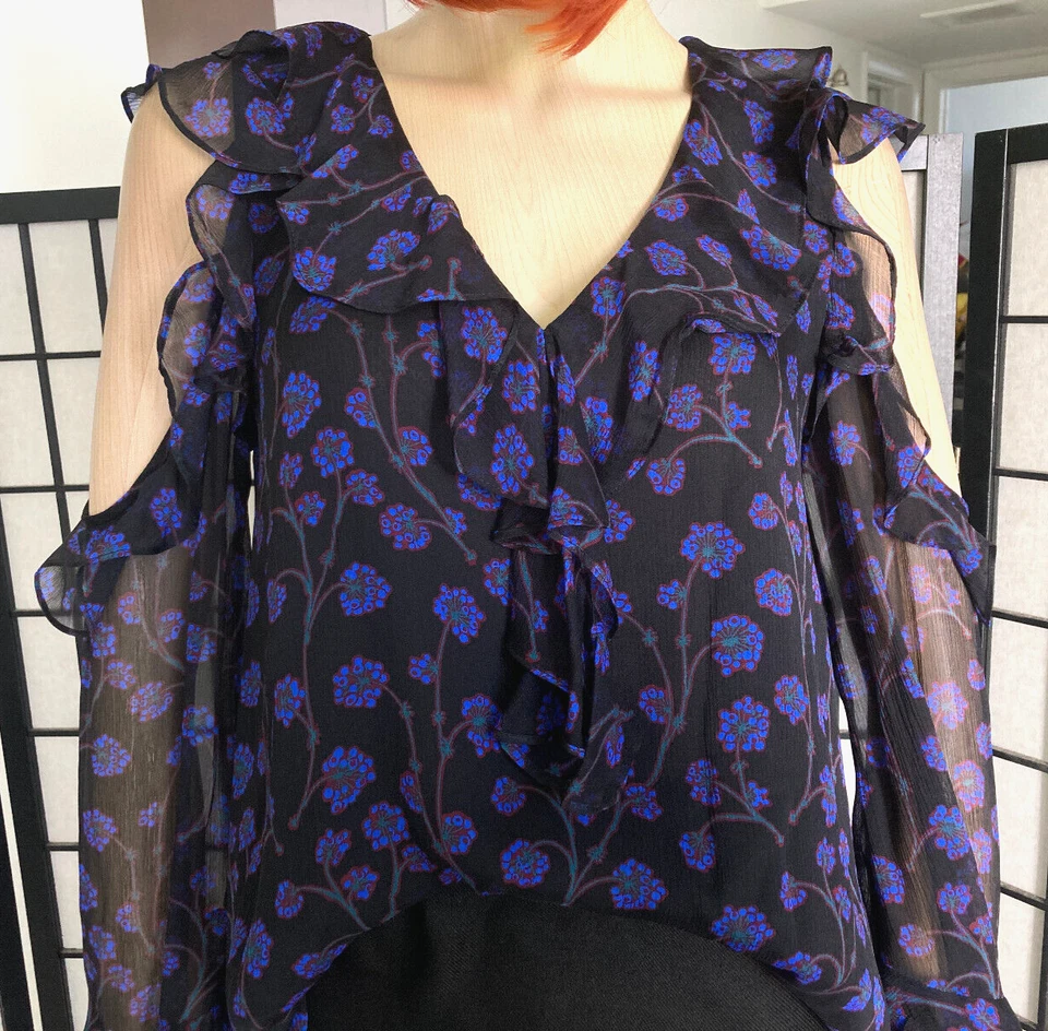 Diane Von Furstenberg 100% 真丝荷叶边上衣衬衫 A 字长喇叭袖 4 码 — 第 2/4 张图片