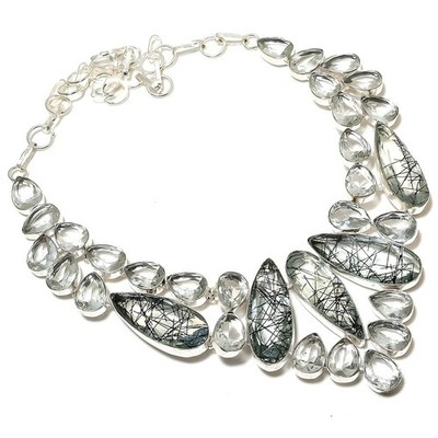 Natürliches schwarzes Rutil, weißer Topas Edelstein 925 Sterlingsilber Halskette 18'' q567
