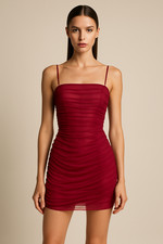 NWT Azazie Kendall & Kylie MINI Dress S Ruched Cranberry Nude Illusion Holiday