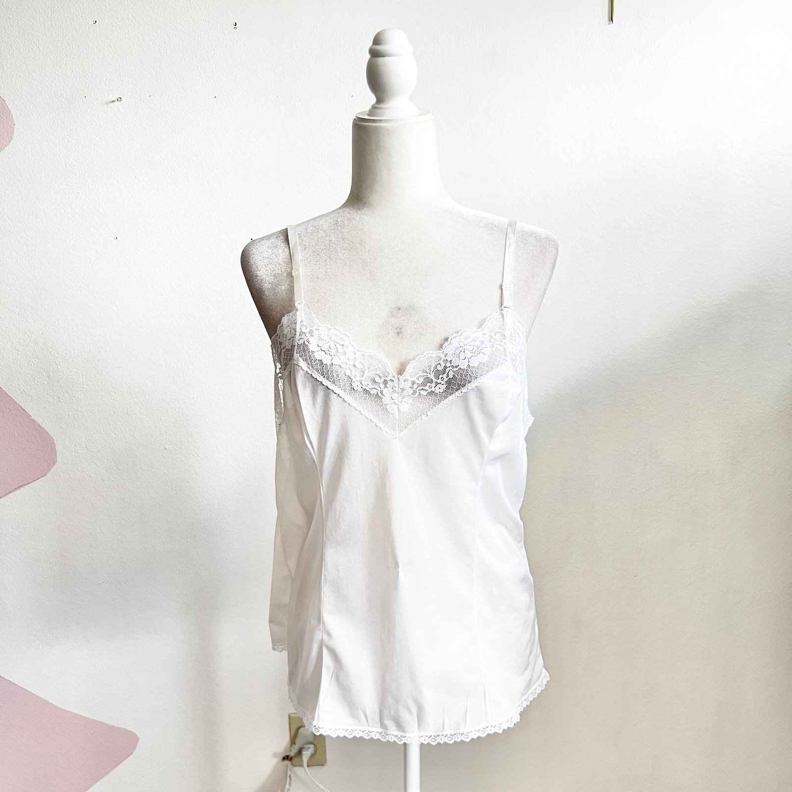 Vintage White Lace Trim Tank Top Coquette Balletcore Y2K Lingerie Bridal Large