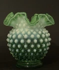 Vintage Fenton Green Opalescent Hobnail Ruffled Rose Bowl Glass Vase 4 3/4”