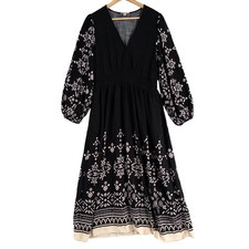 Knox Rose Maxi Dress Womens Large Black Cream Geometric Elastic Waist Boho