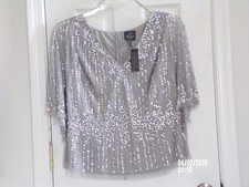 NEW WOMENS ADRIANNA PAPELL 16 GRAY, SILVER, DRESSY, WEDDING BLOUSE JUST PERFECT 