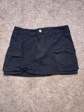 SHEIN Black Denim Mini Skirt Womens S Frayed Hem A Line Button Zip Pockets