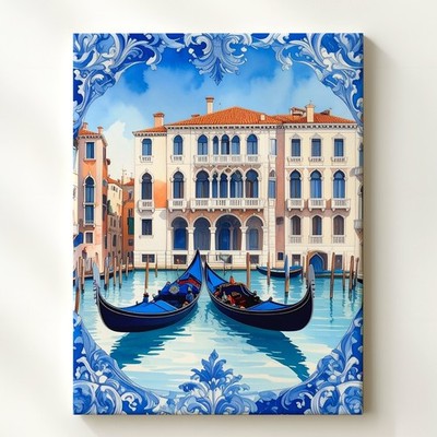 Venice Gondola Canvas Blue And White Ceramic Tile Inspired Artwork Wall Art