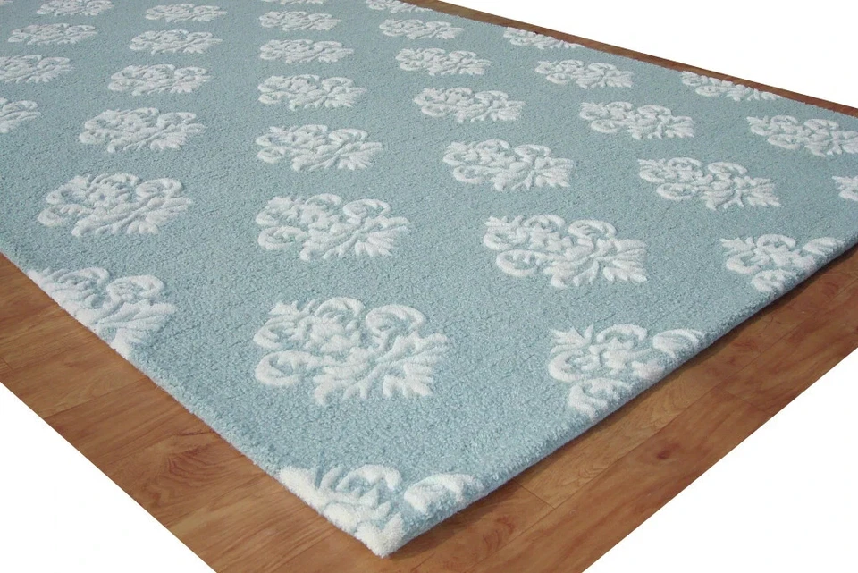 Blue White Modern Loop Handmade Hand-Tufted 100% Wool Area Rug Carpet. - Image 2 of 4