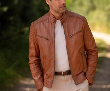 Men's Tan Leather Biker Jacket Quilted Shoulder Zip Pockets Moto Cafe Racer
