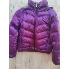 Y2K Down Purple Puffer Jacket Gold Hardware Faux Fur Hood Y2K Brat SZ, L