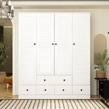 Wardrobe Armoire with 4 Louvered Doors, Wardrobe Cabinet for Hanging Clothes