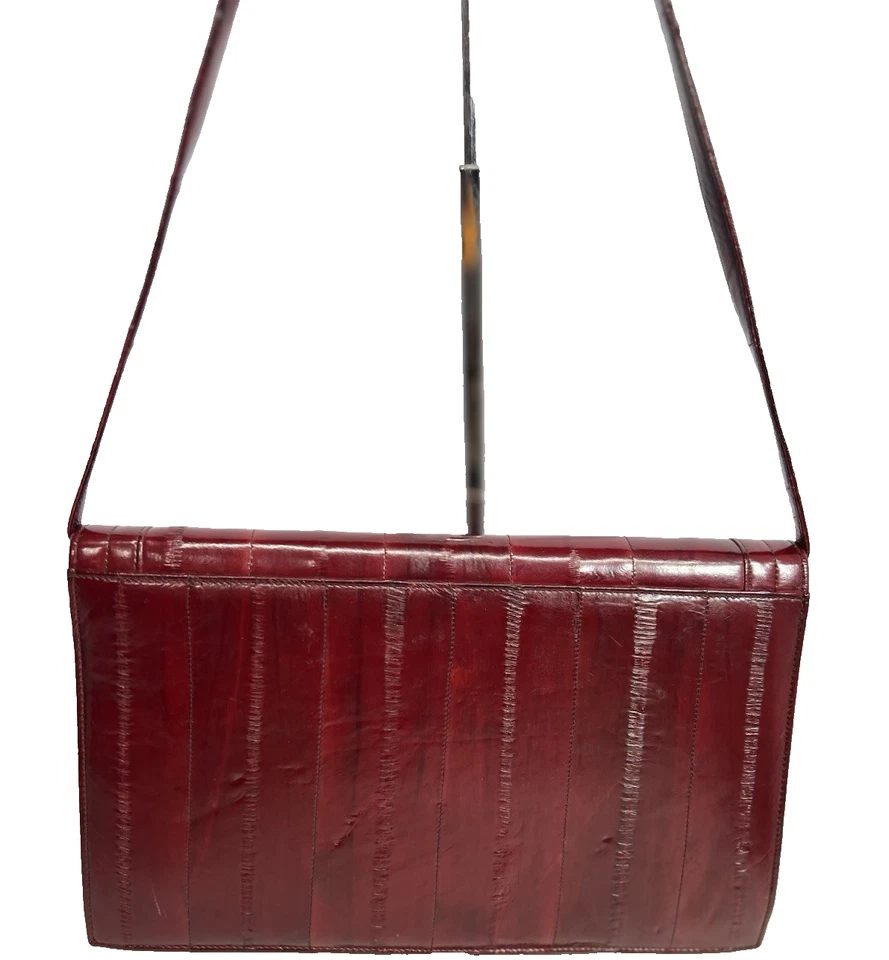 Bolso Bandolera Convertible Cuero Borgoña Rojo Piel EEL De Colección Foto 2 de 4