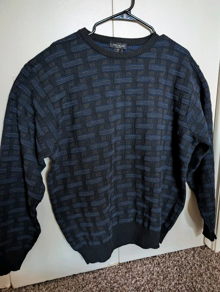Mino Milano Italy Wool Blend Black Blue Crew Coogi Knock off Pullover Medium - Image 2 of 4