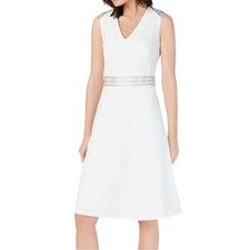 NWT Calvin Klein Off White Ribbon-Trim A-Line Knee Length Dress Women’s Size 6