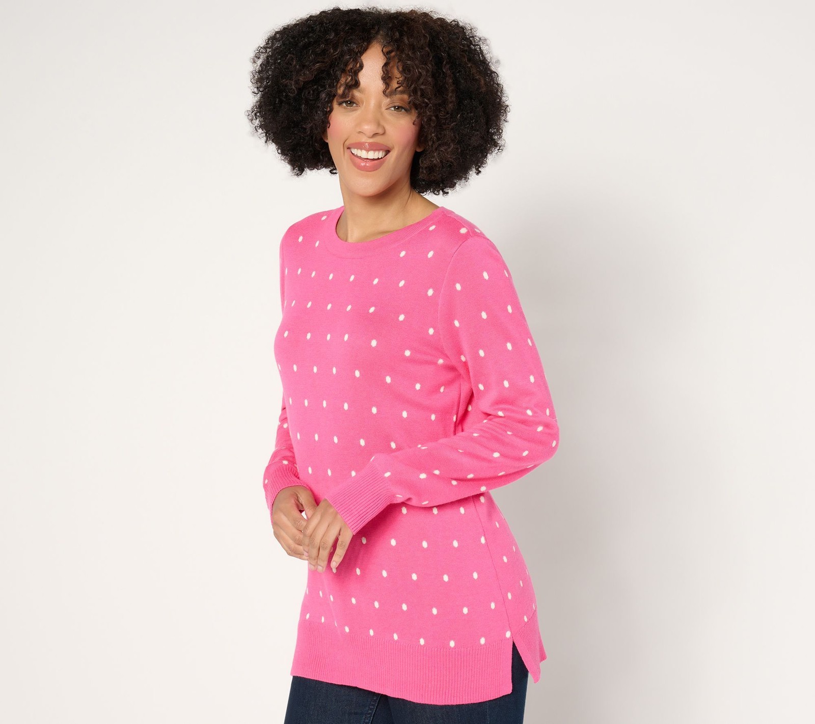Belle by Kim Gravel Women's Top Sweater Sz L Resort Ready Polka Dot Pink A673828