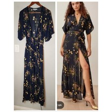 Reformation Winslow Wrap Maxi Dress Navy Blue Floral Kimono Sleeve Size Large