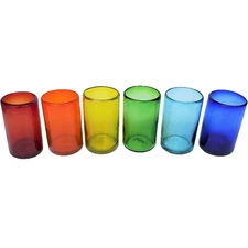 MexHandcraft Rainbow Colored 14 oz Drinking Glasses (set of 6), Recycled Glas...