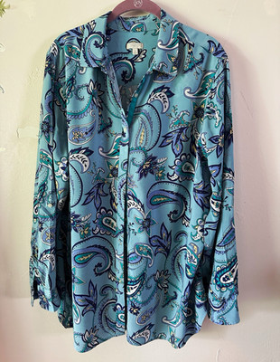 Talbots Plus 2X Blue Green White Paisley Collared Button Front Long Sleeve Rayon