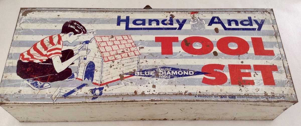 Vtg Handy Andy Tool Set Metal Box with Saw & Wrench Blue Diamond