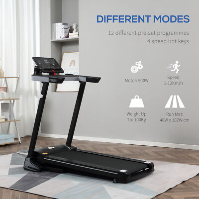 HOMCOM 2HP Motorised Treadmill 1-12km/h Folding Frame W/ Wheels Preset Programs