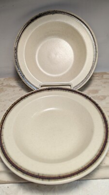 2 Anchor Hocking Peppercorn Mid Century stoneware soup bowls Brown Trim 8.5''
