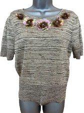PHASE EIGHT 12 Brown Marl Sequin Flower Neck Short Sleeve Jumper