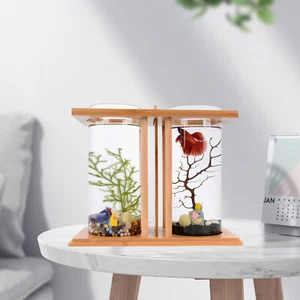 Glass Betta Fish Tank Bamboo Base Mini Aquarium Desktop Decoration Fish Tank