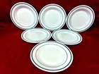 Anchor Hocking VTG 969 Milk Glass Blue Teal Stripe Set Of 6 Dinner Plates 9"