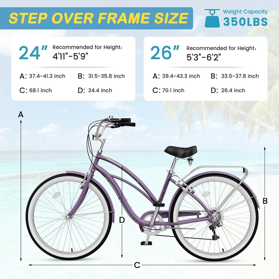 NAIZEA Beach Cruiser Bike -7 Speed Commuter Bicycle for Adult Men Women 24/26 in - Image 2 of 4