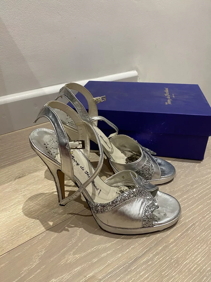 Terry de Havilland Silver Glitter Heels Shoes Sandals Size 40 7 UK