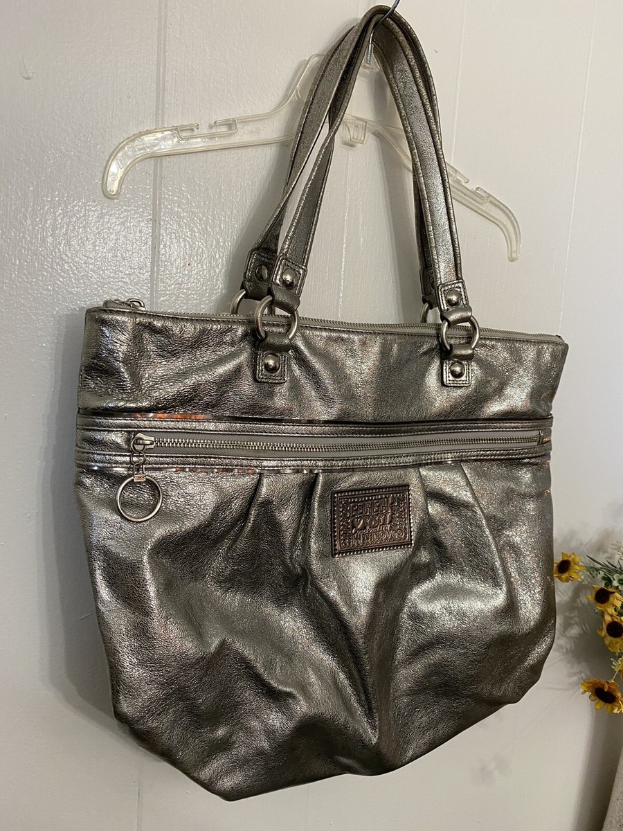 Coach Poppy Silver Tote Purse Silver Metallic Zipper Satin Lining