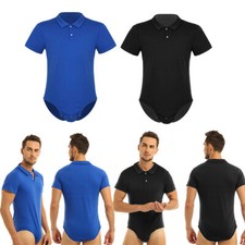Men's Short Sleeve Undershirt Press Botton Crotch Shirt Bodysuit Leotard Tops