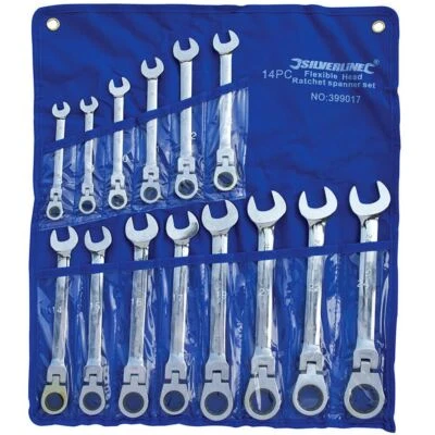 Silverline Flexi Head Ratchet Spanner Set 14-Pcs 8 - 24 mm Polish finish Chrome