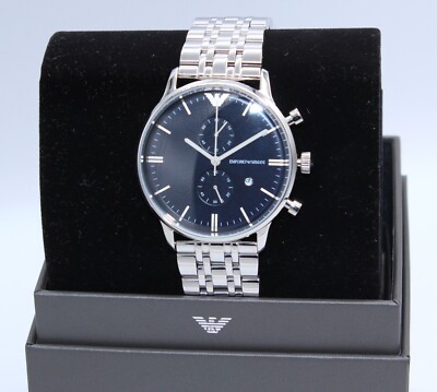 NEW AUTHENTIC EMPORIO ARMANI SILVER NAVY BLUE CHRONOGRAPH AR1648
