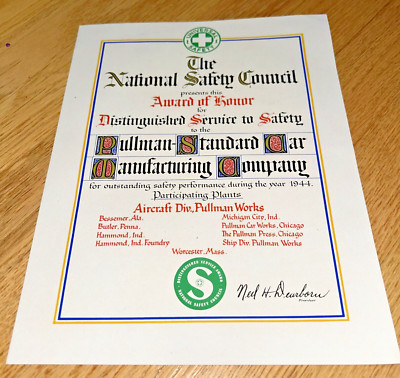 1944 PULLMAN-STANDARD CAR MANUFACTURING National Safety Council Award