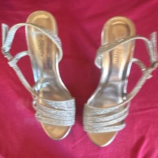 Silver Glitter Strappy Women's Sandals with Buckle Ankle Strap Synthetic