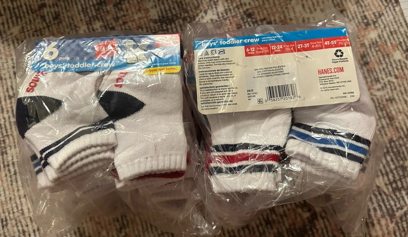 Hanes Boys’ Toddler Crew Socks 2 Pack Of 6 Pair 6-12 Mth NIP Gripper Foot Bottom
Opens in a new wind