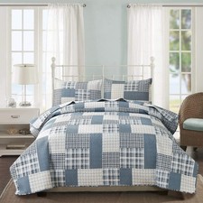 3-Piece Plaid Quilt Set Size, Lightweight Soft Full/Queen Blue White Plaid