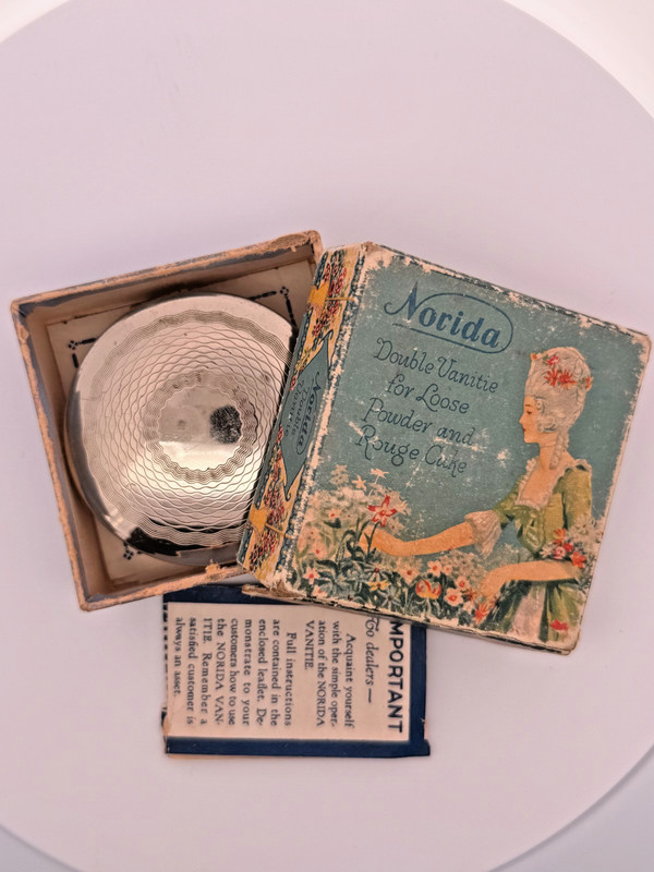 Vintage 1920s Art Deco Era Norida Double Vanity Compact with Box & Papers