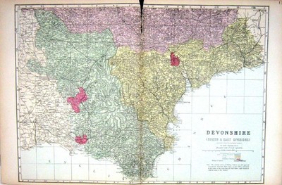 Antiker alter Druck Speck Karte 1883 Devonshire England Torquay Exmouth Dartmouth