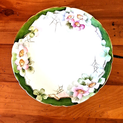 Antique Limoges 7.5'' Plate Gold Trim Hand Painted Cottagecore Flowers Spiderwebs