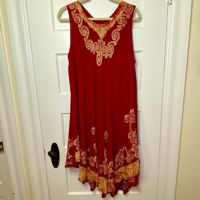 Batik Midi Sun Dress O/S Red Gold Block Print Trapeze Festival Boho Resortwear