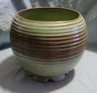 Frankoma Pottery Round Footed Bowl Green Interior Brown/Beige Ribbed Glossy 70-A