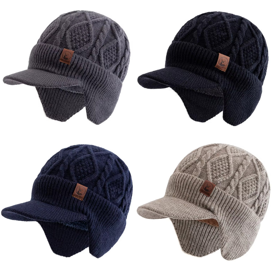 Gorro de invierno unisex cálido suave con auriculares + visera de punto grues...