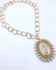 Necklace in gold tones with pearls of the Virgin of Guadalupe 20 Inch