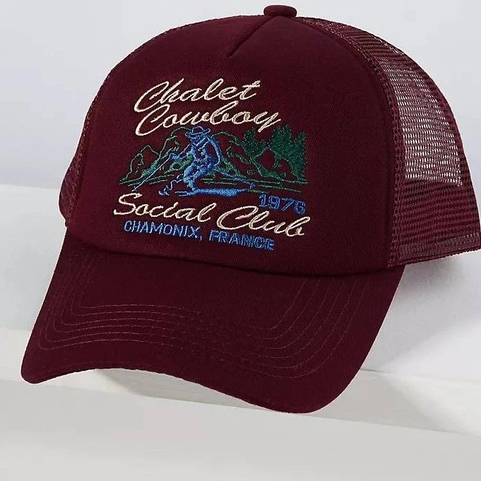 Anthropologie Chalet Cowboy Social Club France Burgundy Trucker Hat Snapback Cap