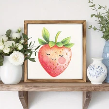 Cartoon Smiling Strawberry Watercolor Wooden Framed Art Sign Cute Kitchen Decor
