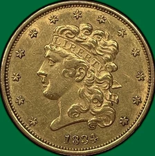 1834 Plain 4 Classic Head Half Eagle $5 Gold Almost Uncirculated AU Coin #32969