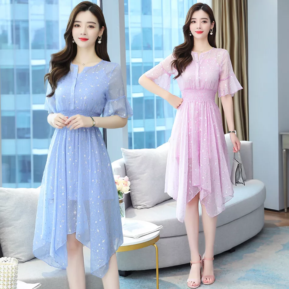 Irregular Elastic Waist Chiffon Star Print Fashion Summer Women's Casual  Dresses